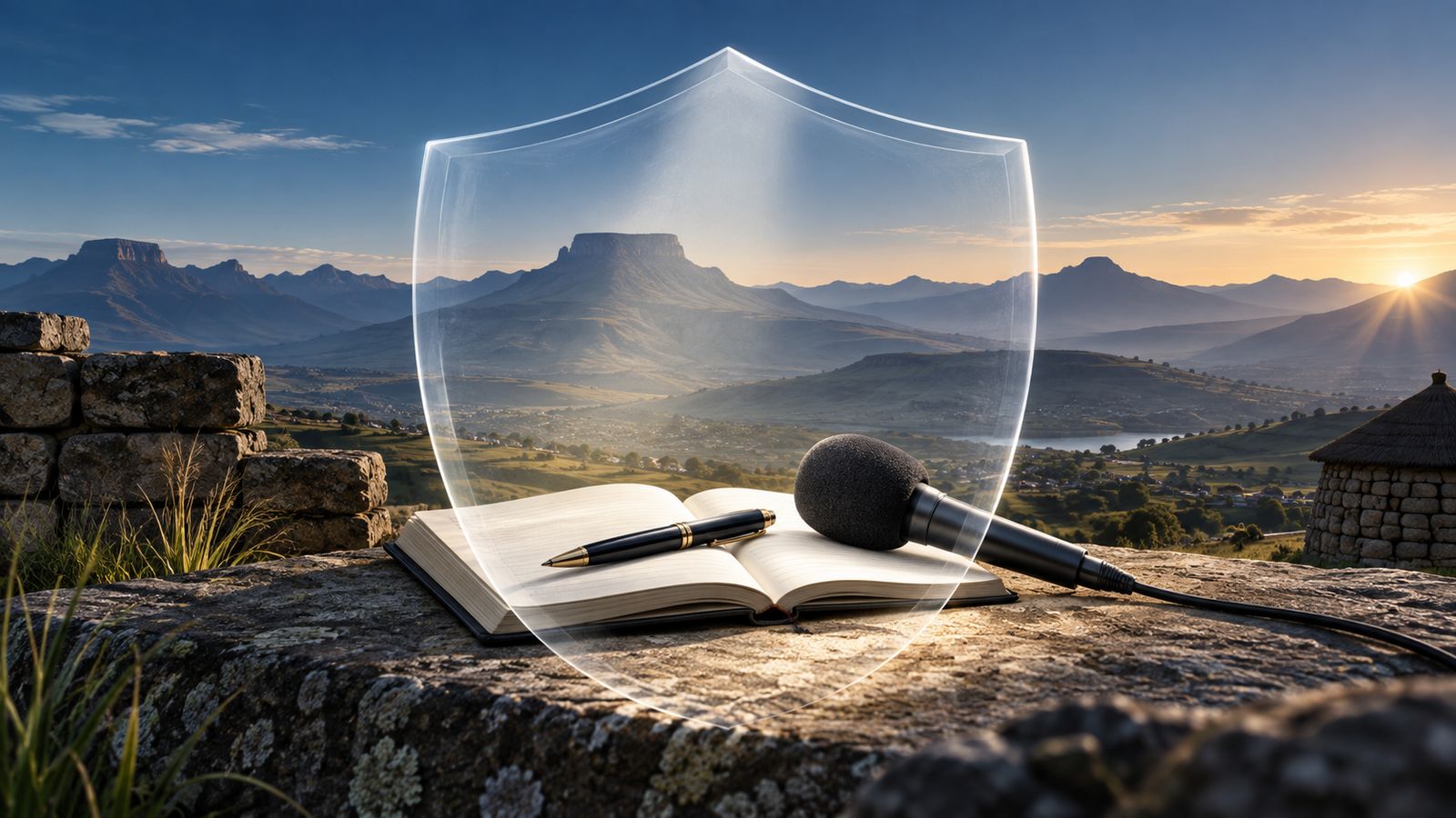 Symbolic illustration of a microphone and notebook protected by a shield against a Lesotho mountain landscape